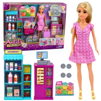 LEAN TOYS Anlily Lėlė su Prekybos Centro Kasos, Aksesuarų ir Vežimėlio Rinkiniu