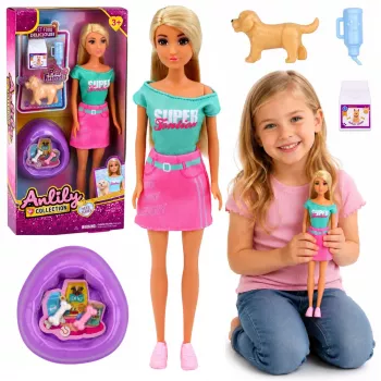 LEAN TOYS Anlily Lėlė su Šuniuku ir Aksesuarais Lovelė