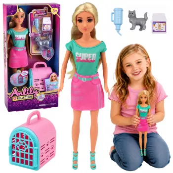LEAN TOYS Anlily Lėlė su Gyvūnėlio Nešykle Kačiukas Pilka Aksesuarų Rinkinys