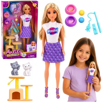 LEAN TOYS Anlily Lėlė su Kačiukais ir Kačių Drakoniko Priedais, Dubenėliais, Žaislais