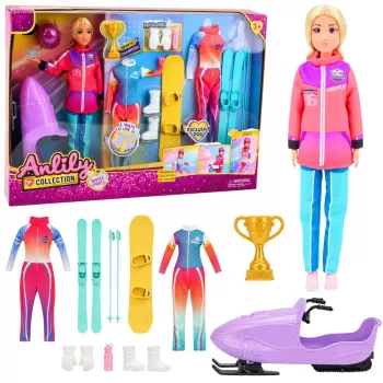 LEAN TOYS Anlily lėlės žiemos sporto komplektas su slidėmis, snieglente ir sniego motociklu