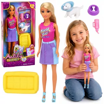 LEAN TOYS Anlily Lėlė su Baltu Šunimi Antkaklyje, Guoliu ir Aksesuarų Rinkinys
