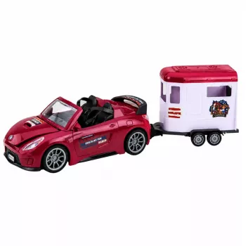 LEAN TOYS Burgundinis kabrioletas su arklių priekaba ir atsidarančiomis durimis 1:24 liejinys