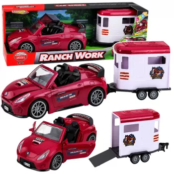 LEAN TOYS Burgundinis kabrioletas su arklių priekaba ir atsidarančiomis durimis 1:24 liejinys