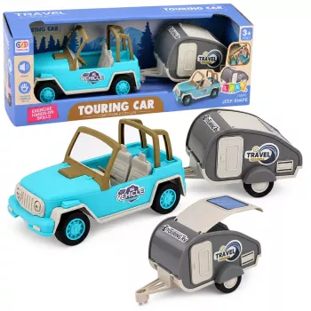 LEAN TOYS Visureigis su priekaba ir garsais Mėlynas turistinis rinkinys