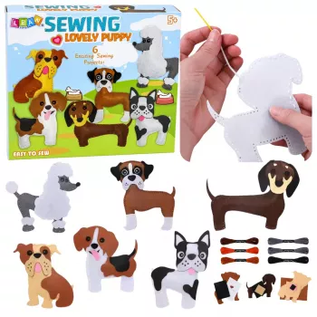 LEAN TOYS Kūrybinis rinkinys minkštų žaislų siuvimui iš veltinio, šuniukų, 6 vnt.