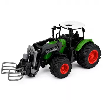 LEAN TOYS Žemės ūkio traktorius su šieno griebtuvu, guminiai ratai, žalias, 1:24