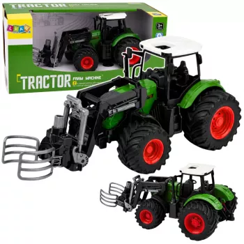 LEAN TOYS Žemės ūkio traktorius su šieno griebtuvu, guminiai ratai, žalias, 1:24