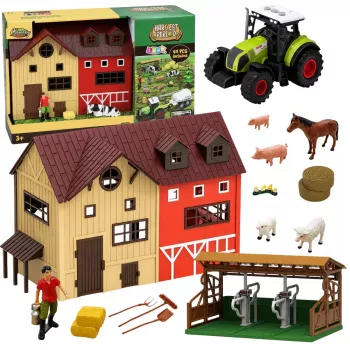 LEAN TOYS Ūkio komplektas su traktoriumi, tvartu, gyvūnų figūrėlėmis ir aksesuarais, 44 vnt.