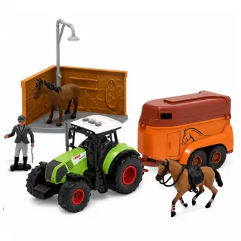 LEAN TOYS Ūkio komplektas „Stud Farm“ su traktoriumi, kliūčių ruožu, šokinėjimo kalvomis, arkliais ir figūrėlėmis – 72 vnt.