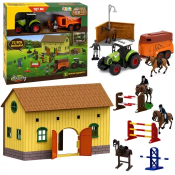 LEAN TOYS Ūkio komplektas „Stud Farm“ su traktoriumi, kliūčių ruožu, šokinėjimo kalvomis, arkliais ir figūrėlėmis – 72 vnt.