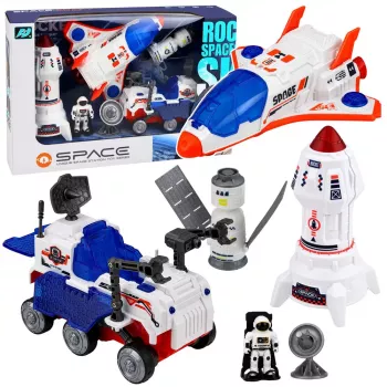 LEAN TOYS Kosminio šautuvo, raketos, tyrimų transporto priemonės, kosmonauto ir palydovo rinkinys