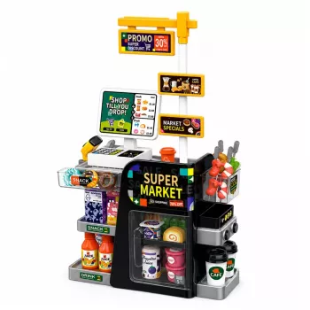 LEAN TOYS Supermarket kasos aparatas su skeneriu, gėrimų dozatoriumi, garsais ir šviesomis, 65 dalių