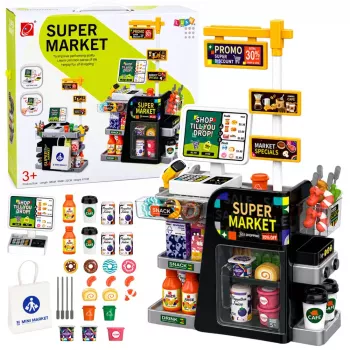LEAN TOYS Supermarket kasos aparatas su skeneriu, gėrimų dozatoriumi, garsais ir šviesomis, 65 dalių