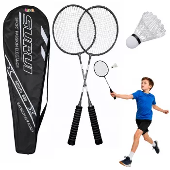 LEAN TOYS Badmintono rinkinys su 2 raketėmis, 2 volanais ir nešiojimo dėklu, juodas