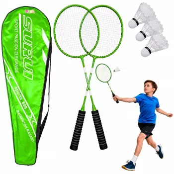 LEAN TOYS Badmintono rinkinys su 2 raketėmis, 3 volanais ir dėklu, žalias
