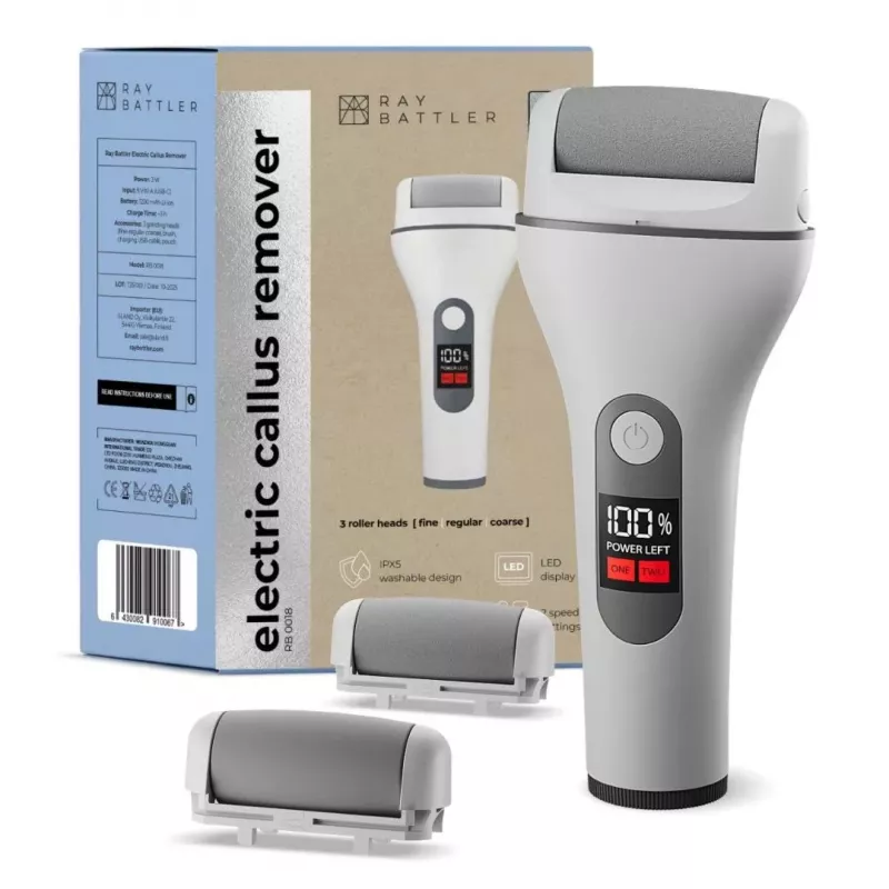 Ray Battler RB 0018 Callus Remover - elektrinė nuospaudų šalinimo dildė, įkraunama, su 3 volų antgaliais, IPX7 vandeniui atspari, šlapiam ir sausam naudojimui