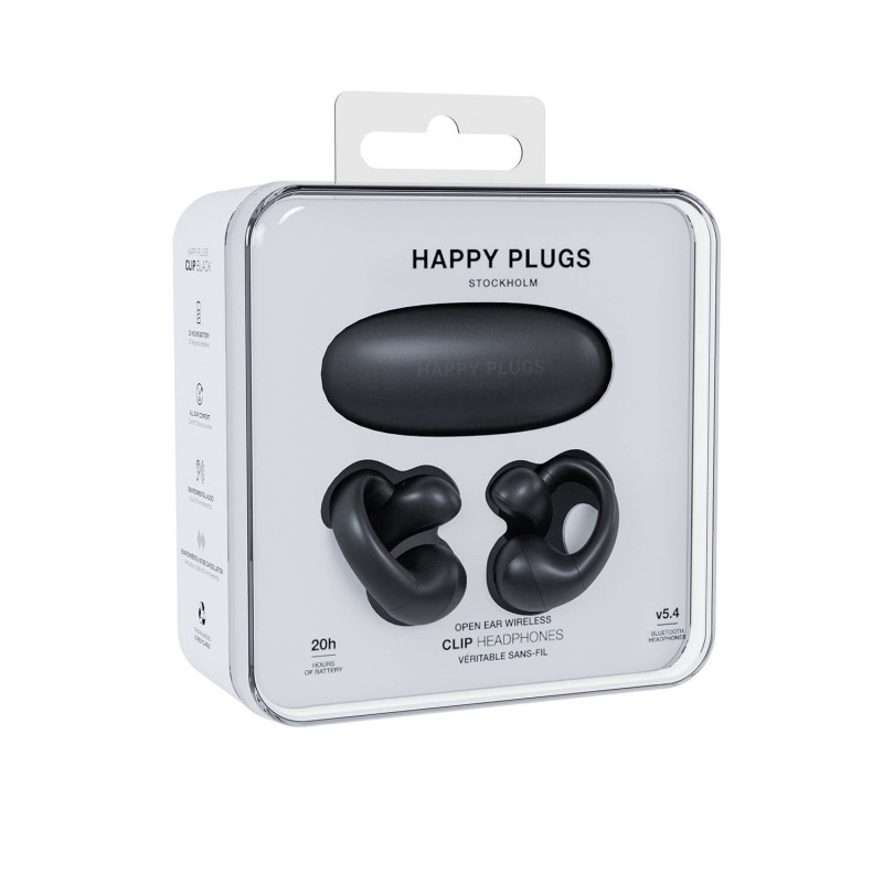 „Happy Plugs Clip“ belaidžiai atviro tipo ausinės su užsegimu (juodos)