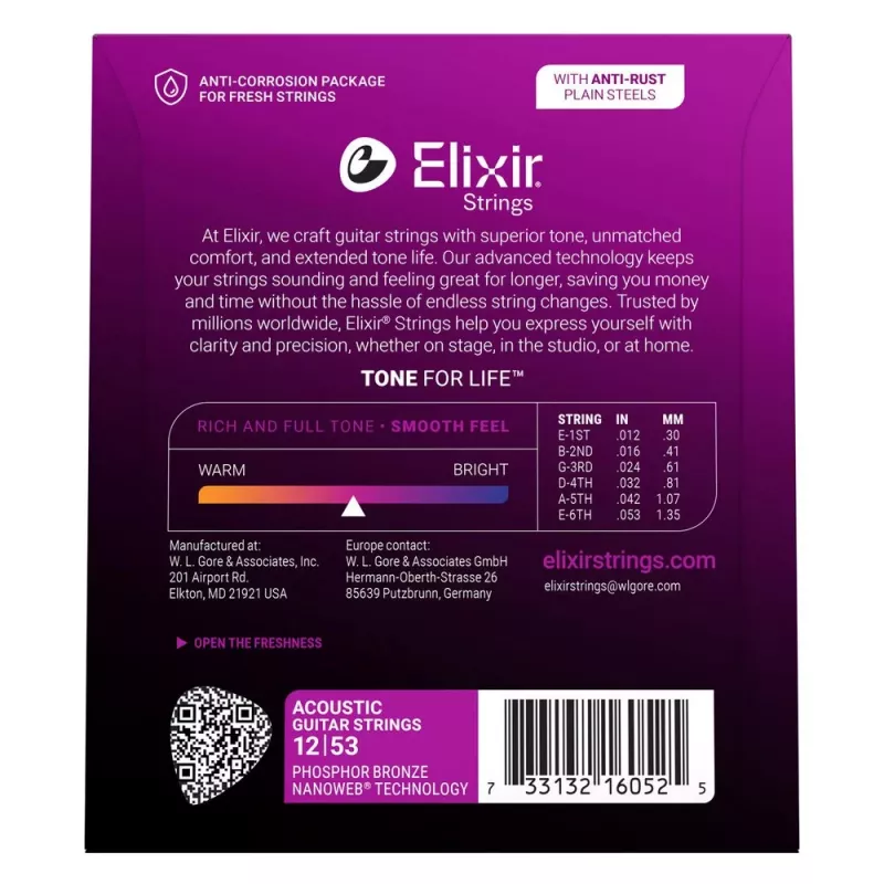 Elixir 16052 Phosphor Bronze Light NANOWEB akustinės gitaros stygos (12-53)