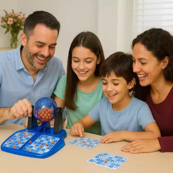 Koala Games G2592 Bingo žaidimas – 75 kamuoliukų, 48 kortelių, 150 žetonų, metalinis būgnas, šeimos pramoga