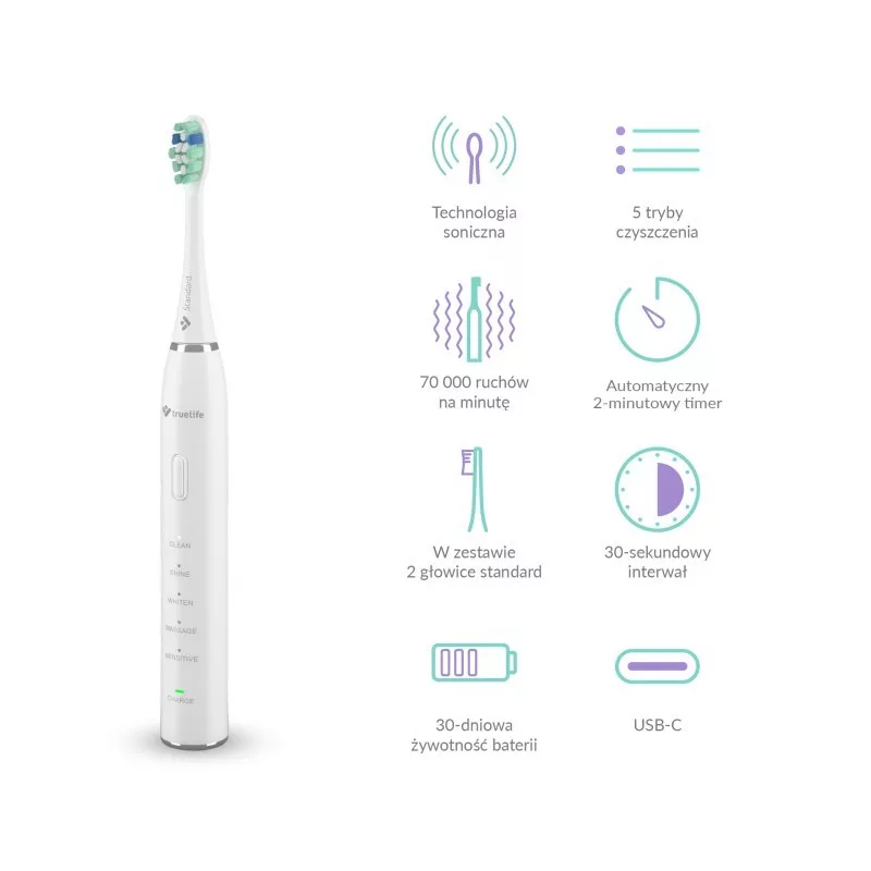 TrueLife SonicBrush Clean30 White suaugusiųjų osciliuojantis dantų šepetėlis