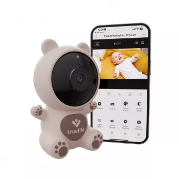 TrueLife NannyCam S3 Smart vaizdo kūdikio monitorius su 3,2 colių spalvotu LCD ekranu, 720p HD, Wi-Fi, naktiniu režimu, dvipusiu garsu, temperatūros jutikliu, lopšinėmis, VOX, judesio detektoriumi, 300 m atstumu lauke