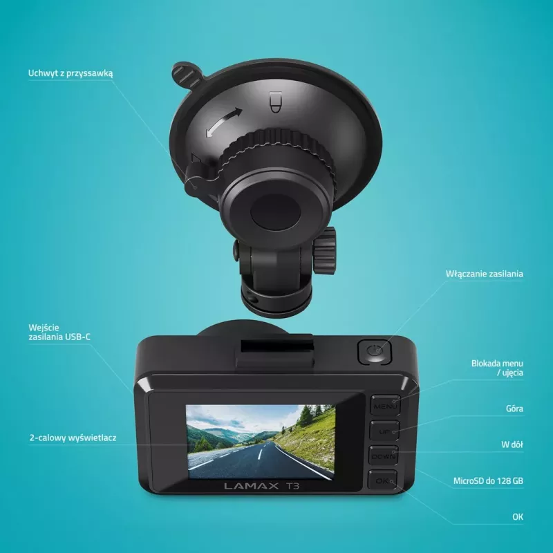 LAMAX T3 Dashcam Full HD 1080p 140° Wide Angle with G-Sensor and Parking Mode
