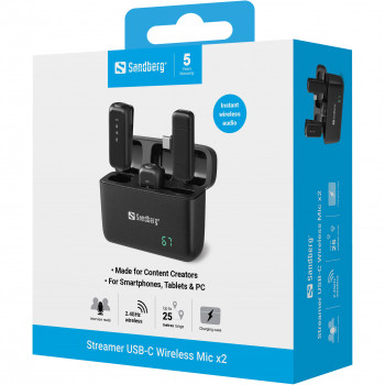 SANDBERG Streamer USB-C belaidžių mikrofonų rinkinys x2 - dviejų mikrofonų komplektas - 20 Hz - 20 kHz