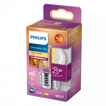 Philips LED Classic WarmGlow P45 skaidri, pritemdoma E27 2.3W 250lm 2200-2700K