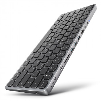 AXAGON HMC-KB-GE USB-C 5Gbps klaviatūra su 9-in-1 stotele, vokišku išdėstymu, HDMI 4K, Gigabit Ethernet, 100W PD, kortelių skaitytuvu, juoda