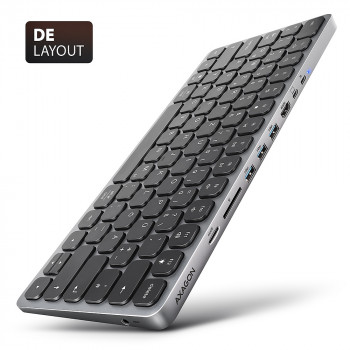 AXAGON HMC-KB-GE USB-C 5Gbps klaviatūra su 9-in-1 stotele, vokišku išdėstymu, HDMI 4K, Gigabit Ethernet, 100W PD, kortelių skaitytuvu, juoda