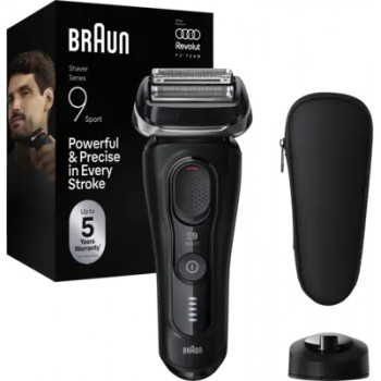 Braun Series 9 Sport 9110s elektrinė skustuvė - Wet & Dry, SyncroSonic technologija, 5 skutimo elementai, 60 min veikimo laikas, LED ekranas, precizinis trimeris, juoda/pilka
