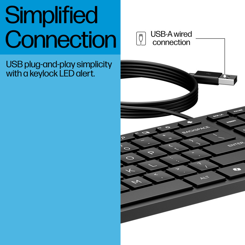 HP Desktop 320K laidinė USB klaviatūra – belgų AZERTY išdėstymas, juoda, pilno dydžio su skaičių klaviatūra, atspari išsiliejimui, skirta thin client ir staliniams kompiuteriams (9SR37AA#AC0)