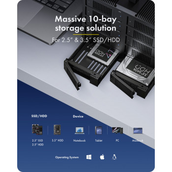 ICY BOX IB-3710-C31 10 dėžių USB 3.2 Gen 2 JBOD korpusas 2,5 colio/3,5 colio SATA HDD/SSD - vieno režimo, USB-C į C kabelis, 200 W maitinimo šaltinis, juodas