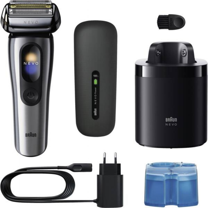 Braun NEVO 17000cc elektrinė skustuvė su Clean&Charge stotimi, 5 režimai, 360° galvutė, chromas/sidabras 349659