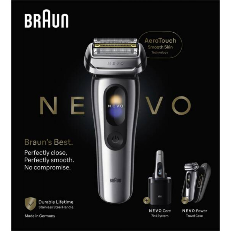 Braun NEVO 17000cc elektrinė skustuvė su Clean&Charge stotimi, 5 režimai, 360° galvutė, chromas/sidabras 349659