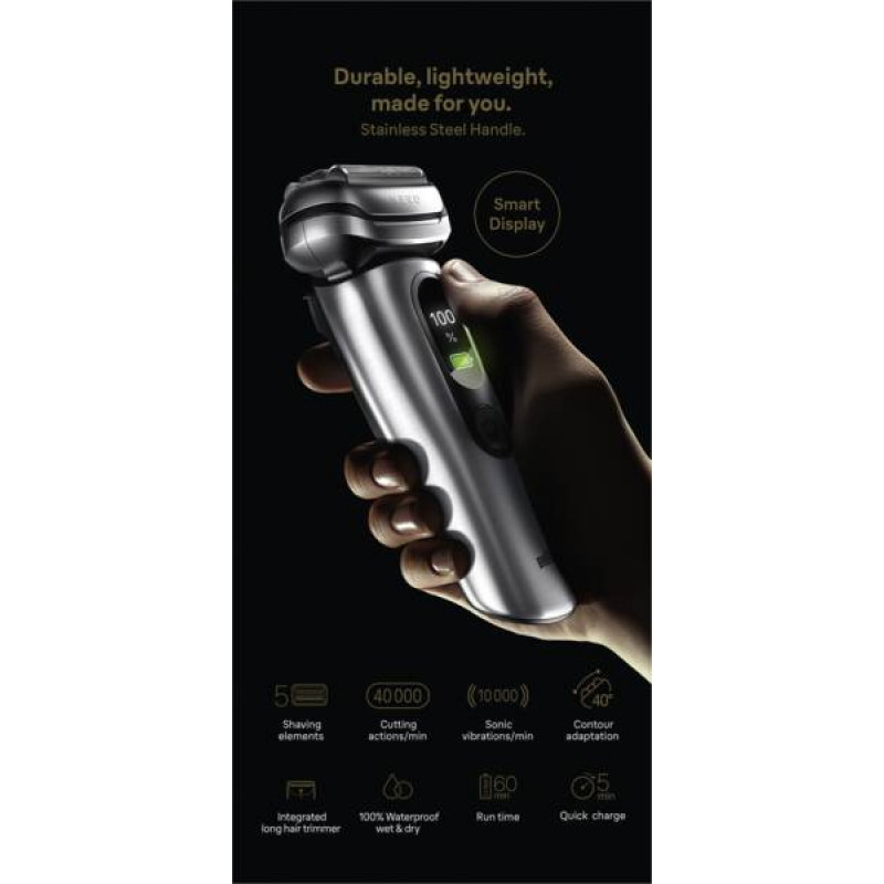 Braun NEVO 17000cc elektrinė skustuvė su Clean&Charge stotimi, 5 režimai, 360° galvutė, chromas/sidabras 349659