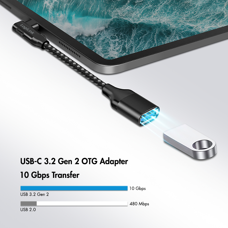 LogiLink CU0100 USB-C į USB-A adapterio kabelis, 0,2 m, 10 Gbps, 90° kampu, juodas