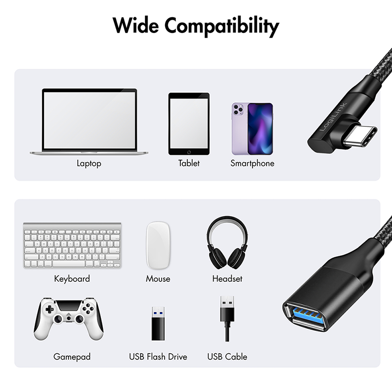 LogiLink CU0100 USB-C į USB-A adapterio kabelis, 0,2 m, 10 Gbps, 90° kampu, juodas