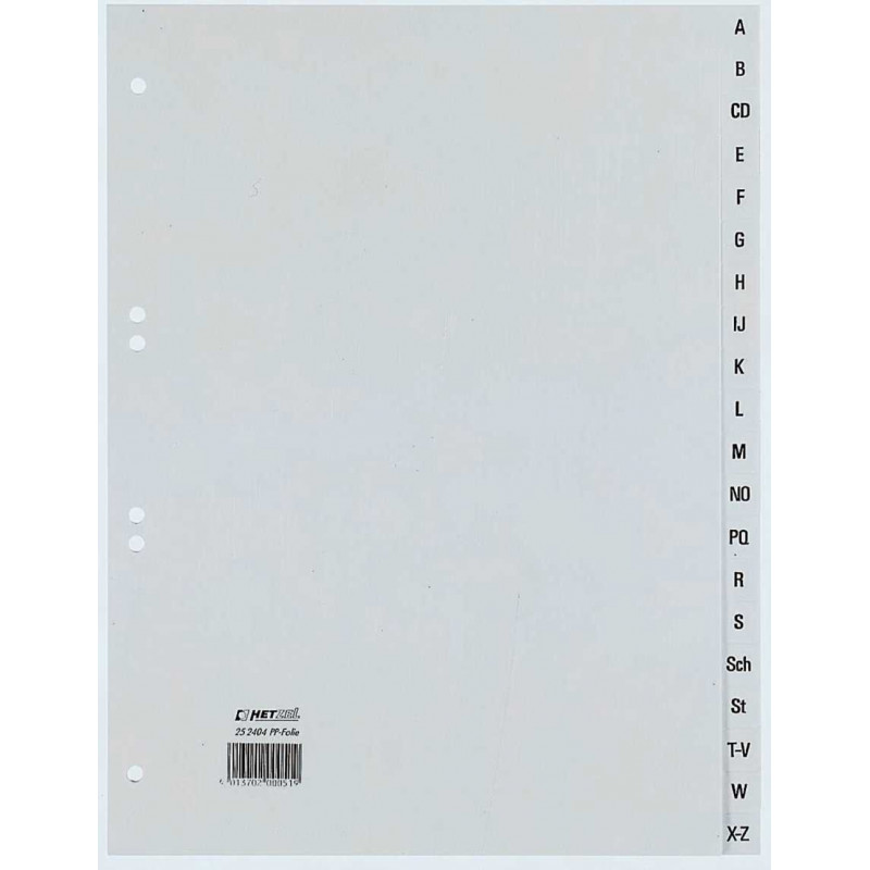 REXEL HETZEL A4 A-Z registro skirtukas, 20 skyriklų, polipropilenas, pilkas, 80-80-80 mm perforacija 25240481