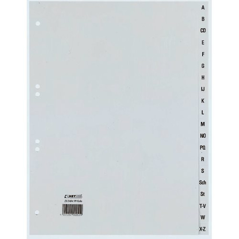 REXEL HETZEL A4 A-Z registro skirtukas, 20 skyriklų, polipropilenas, pilkas, 80-80-80 mm perforacija 25240481