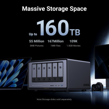 Ugreen NASync DXP6800 Pro 6 skyrių NAS sistema, Intel Core i5-1235U, 8GB DDR5, 2x10GbE + 2x2.5GbE, 2xM.2 NVMe, 2xUSB3.2 Gen2, HDMI, PCIe 4.0