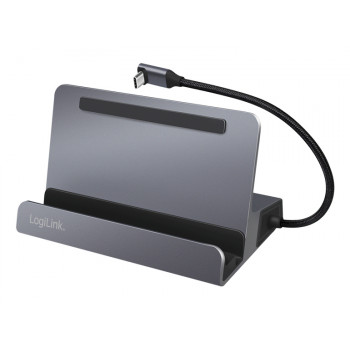 LogiLink UA0408 USB-C dokinimo stotis su planšetinio kompiuterio laikikliu, HDMI 4K@60Hz, 100W PD, Gigabit Ethernet, sidabrinė