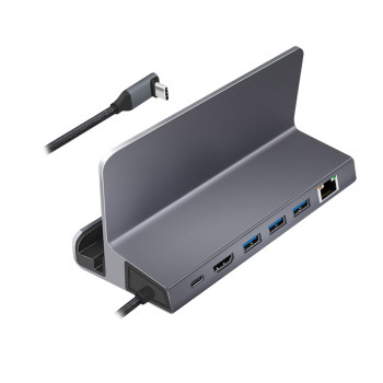 LogiLink UA0408 USB-C dokinimo stotis su planšetinio kompiuterio laikikliu, HDMI 4K@60Hz, 100W PD, Gigabit Ethernet, sidabrinė
