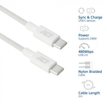 ACT USB 2.0 240W įkrovimo/duomenų kabelis USB-C į USB-C, baltas, 2m (AC3085)