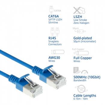 ACT Blue 5m LSZH S/FTP CAT6A Slimline komutacinis kabelis Snagless RJ45 (DB7605)
