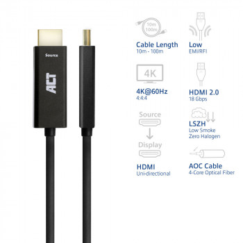 ACT 15m HDMI Premium High Speed 4K aktyvusis optinis kabelis v2.0 LSZH HDMI-A vyriškas į HDMI-A vyrišką (AK3889)