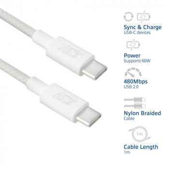 ACT USB 2.0 60W įkrovimo/duomenų kabelis USB-C į USB-C, baltas, 1 m (AC3080)