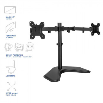 ACT AC8363 dviejų monitorių laikiklis ant stalo iki 32 inch - tvirtinimas spaustuku ir kiauryme, VESA 75/100, 8 kg vienai rankai, juodas