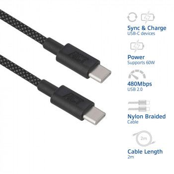 ACT USB 2.0 60W įkrovimo/duomenų kabelis USB-C į USB-C, juodas, 2m (AC3083)